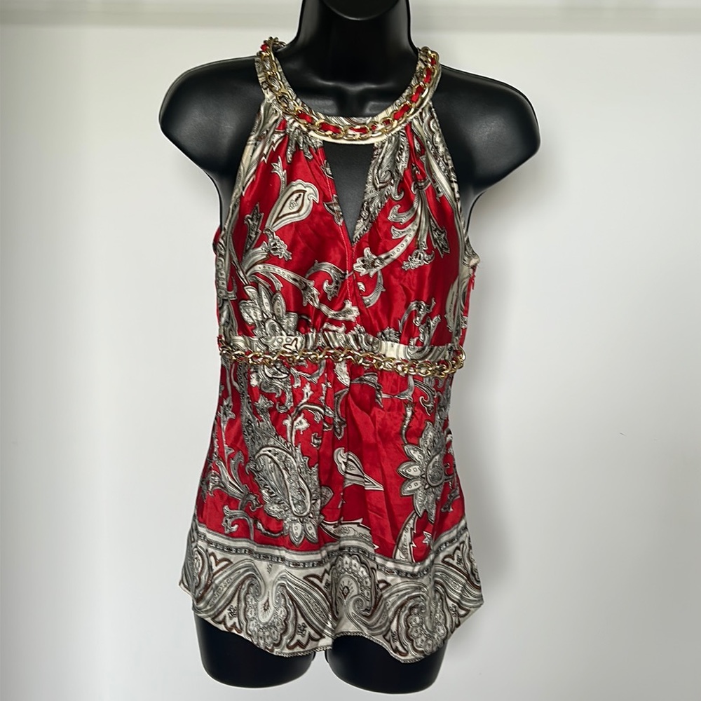 CACHE Silk Keyhole Halter Top with Gold Chain Detail, size XS